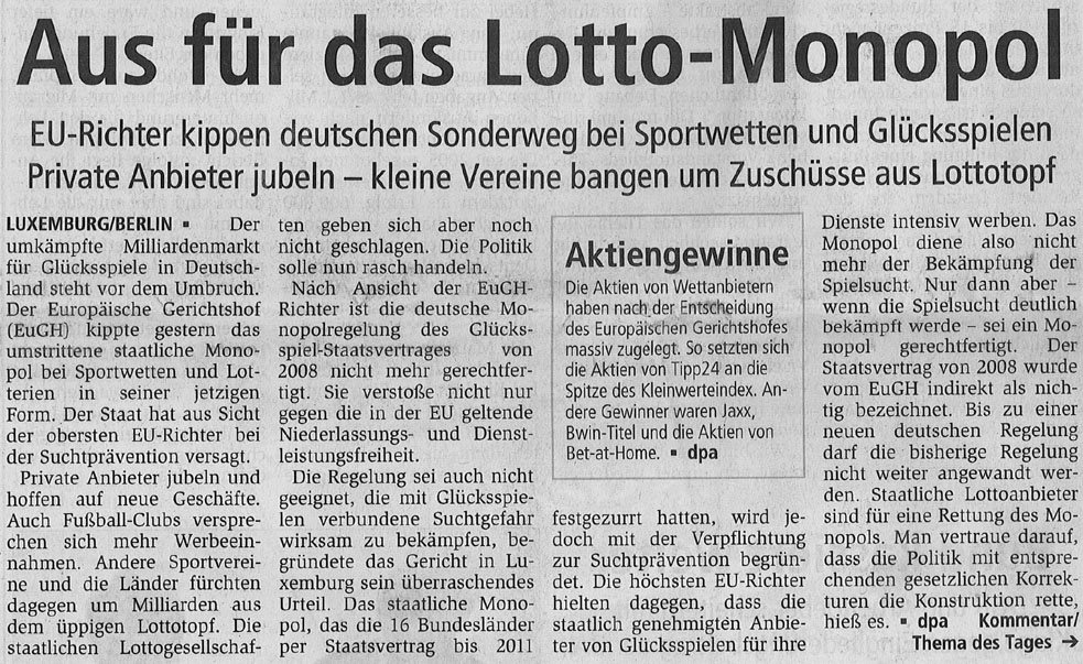 EuGH Glückspielmonopol